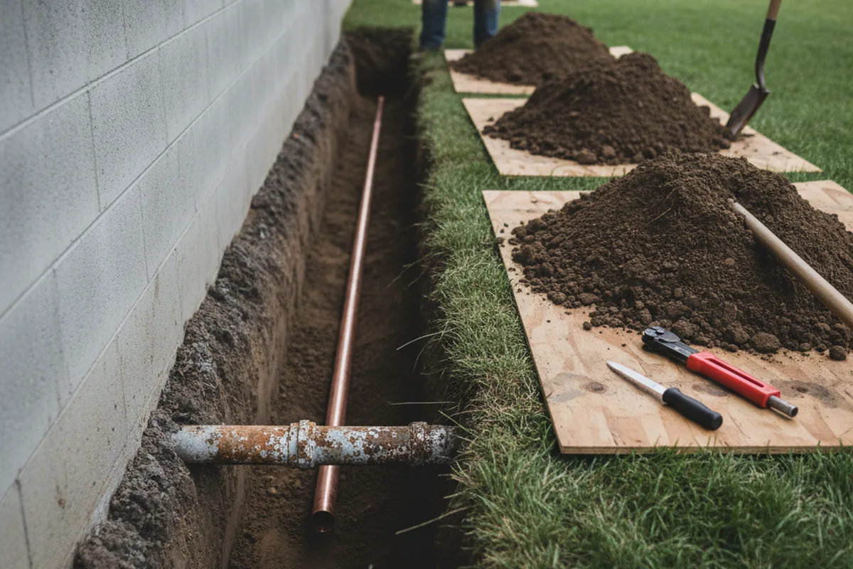 Excavated water line trench during Water Softener Installation in South Jamesport